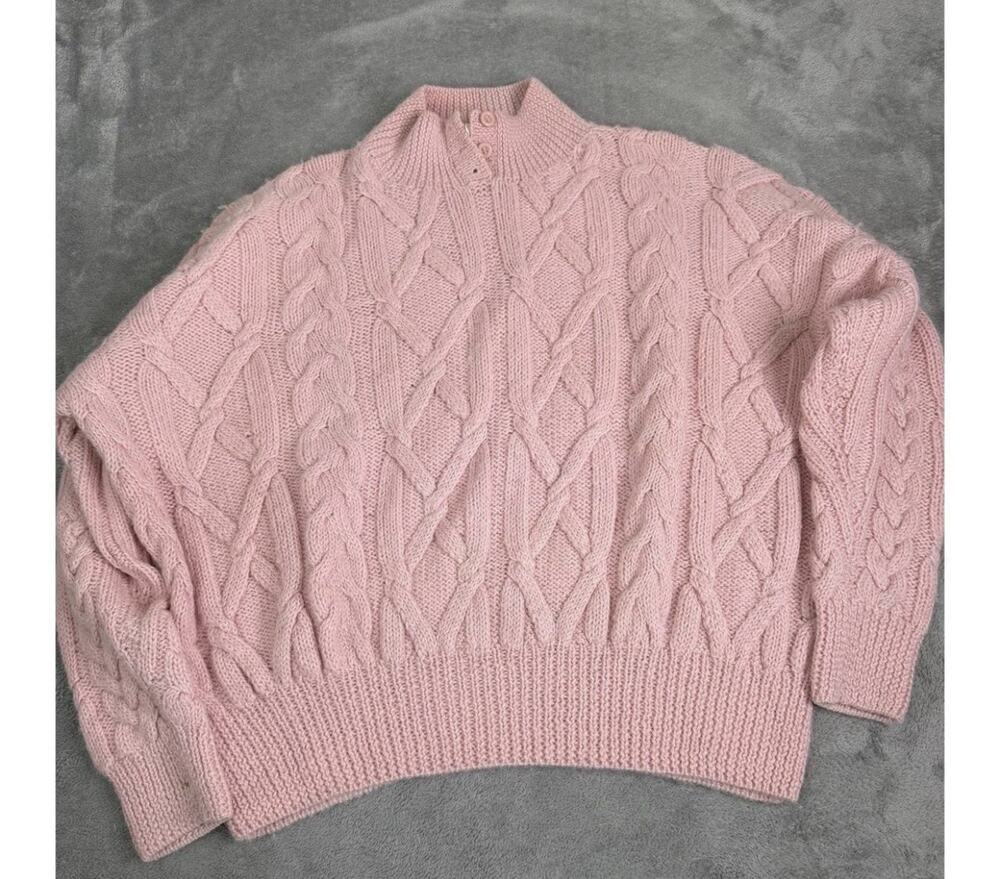 VTG Cookie M Pink Mockneck Oversized Cableknit Knit Sweater Alpaca Large